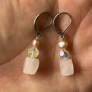 Rose Quarts, Freshwater Pearl and Swarovski Crystal earrings on sterling silver
